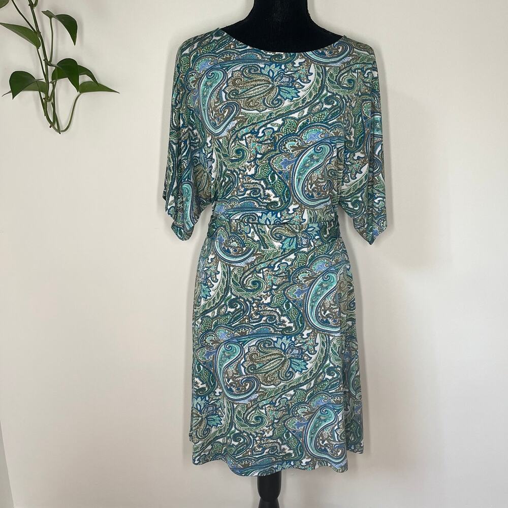 BCBG Paisley Print Blue Green Dolman Sleeve Midi Dress Womens Size Small